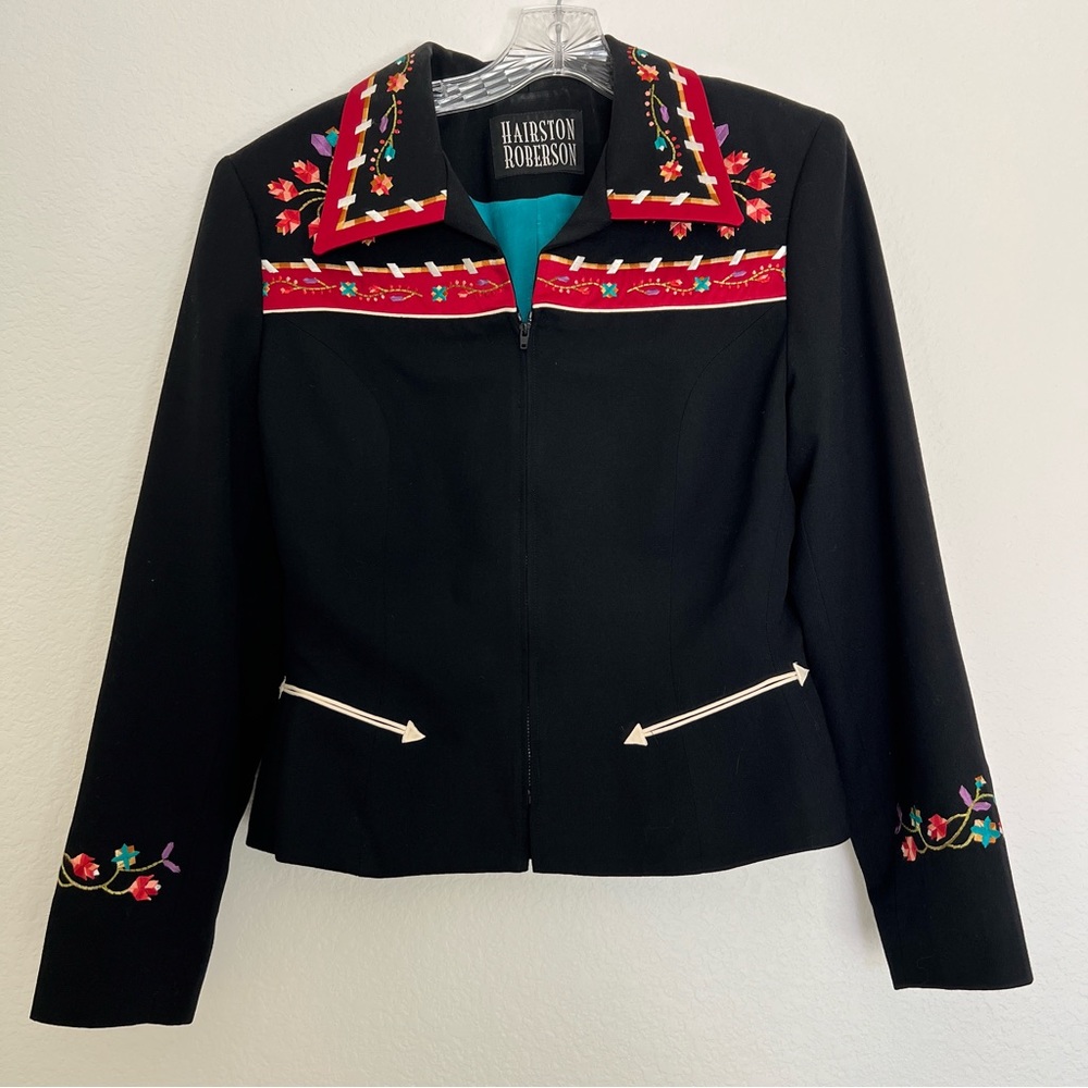 Hairston Roberson Black With Floral Embroidered Western Style Blazer Size 6